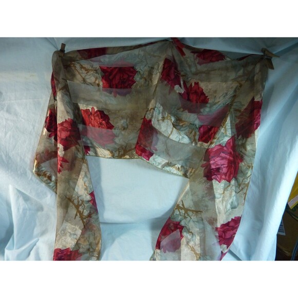 Bronze & Red Rose Silk & Nylon Blend Scarf- Oblong 60" x 13" - Picture 1 of 3